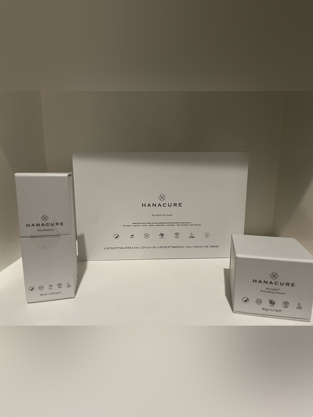 NIB Hanacure All-In-One Facial Kit Nano Emulsion Microphol Cleanser 3-Piece Set